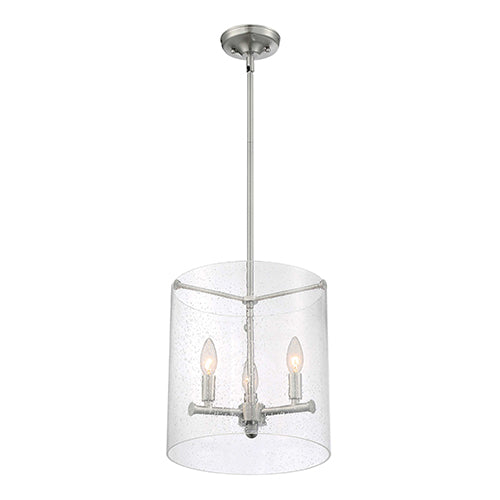 Satco 60-7187, Bransel, 3 Light, Pendant Fixture, 60W, 120V, Candelabra Base, Clear Seeded Glass, Brushed Nickel Finish