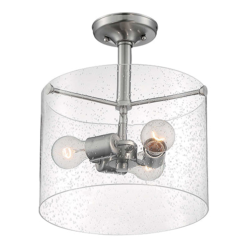 Satco 60-7188, Bransel, 3 Light, Semi-Flush Mount Fixture, 60W, 120V, Medium Base, Clear Seeded Glass, Brushed Nickel Finish