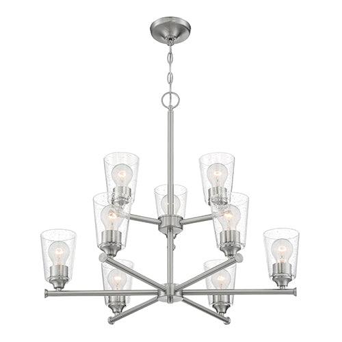 Satco 60-7189, Bransel, 9 Light, Chandelier Fixture, 60W, 120V, Medium Base, Clear Seeded Glass, Brushed Nickel Finish