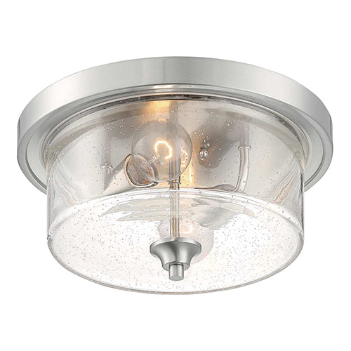 Satco 60-7190, Bransel, 2 Light, Flush Mount Fixture, 60W, 120V, Medium Base, Clear Seeded Glass, Brushed Nickel Finish