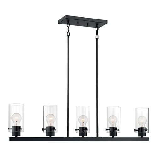 Satco 60-7276, Sommerset, 5 Light, Island Pendant Fixture, 60W, 120V, Medium Base, Clear Glass, Matte Black Finish