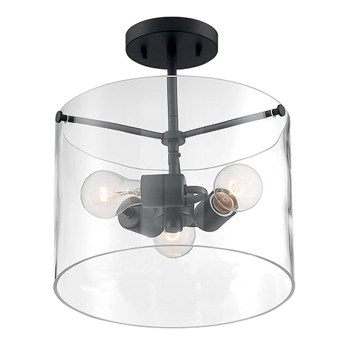 Satco 60-7278, Sommerset, 3 Light, Semi-Flush Mount Lighting Fixture, 60W, 120V, Medium Base, Clear Glass, Matte Black Finish