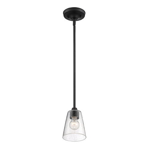 Satco 60-7280, Bransel, 1 Light, Mini Pendant Fixture, 60W, 120V, Medium Base, Clear Seeded Glass, Matte Black Finish