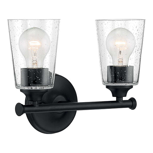 Satco 60-7282, Bransel, 2 Light, Vanity Light Fixture, 60W, 120V, Medium Base, Clear Seeded Glass, Matte Black Finish