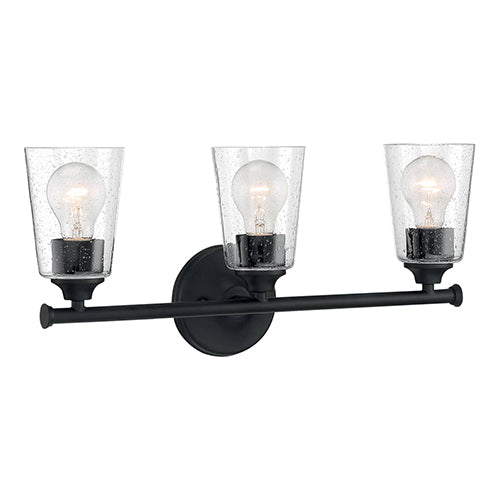 Satco 60-7283, Bransel, 3 Light, Vanity Light Fixture, 60W, 120V, Medium Base, Clear Seeded Glass, Matte Black Finish