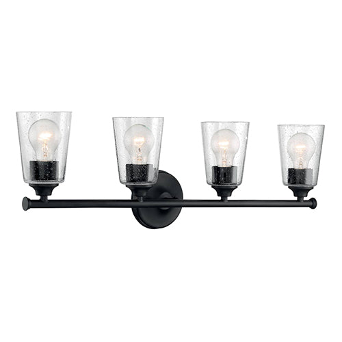 Satco 60-7284, Bransel, 4 Light, Vanity Light Fixture, 60W, 120V, Medium Base, Clear Seeded Glass, Matte Black Finish
