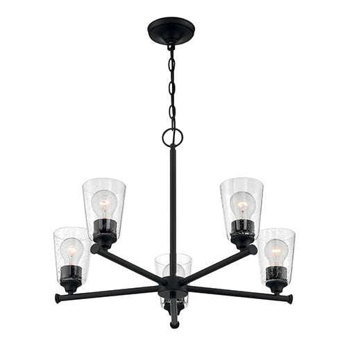 Satco 60-7285, Bransel, 5 Light, Chandelier Fixture, 60W, 120V, Medium Base, Clear Seeded Glass, Matte Black Finish