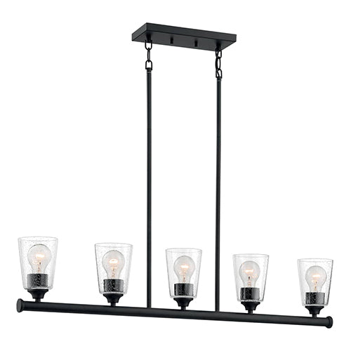 Satco 60-7286, Bransel, 5 Light, Island Pendant Fixture, 60W, 120V, Medium Base, Clear Seeded Glass, Matte Black Finish