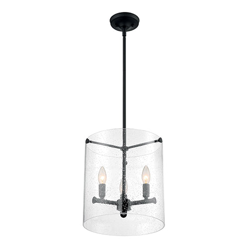 Satco 60-7287, Bransel, 3 Light, Pendant Fixture, 60W, 120V, Candelabra Base, Clear Seeded Glass, Matte Black Finish