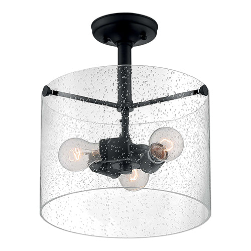 Satco 60-7288, Bransel, 3 Light, Semi-Flush Mount Fixture, 60W, 120V, Medium Base, Clear Seeded Glass, Matte Black Finish