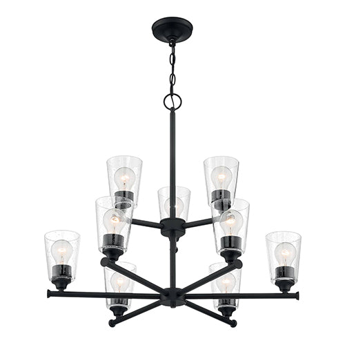 Satco 60-7289, Bransel, 9 Light, Chandelier Fixture, 60W, 120V, Medium Base, Clear Seeded Glass, Matte Black Finish