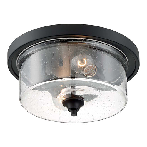 Satco 60-7290, Bransel, 2 Light, Flush Mount Fixture, 60W, 120V, Medium Base, Clear Seeded Glass, Matte Black Finish