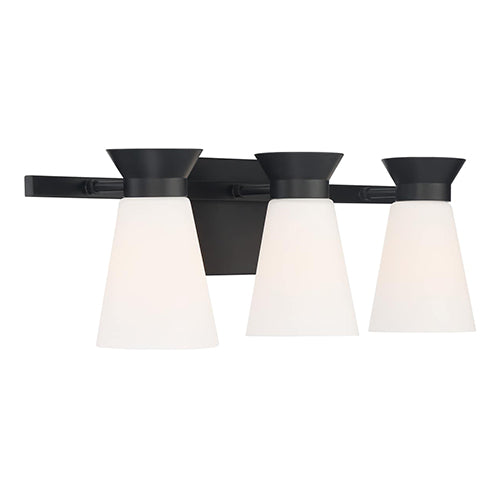 Satco 60-7313, Caleta, 3 Light, Vanity Fixture, 60W, 120V, Medium Base, Frosted Cylindrical Glass, Black Finish