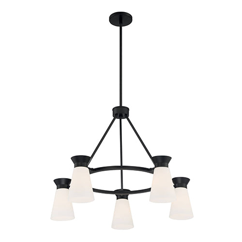 Satco 60-7315, Caleta, 5 Light, Chandelier Fixture, 60W, 120V, Medium Base, Frosted Cylindrical Glass, Black Finish