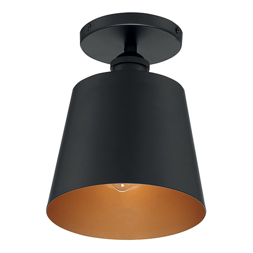 Satco 60-7331, Motif, 1 Light, 7" Semi-Flush Mount Light Fixture, 100W, 120V, Medium Base, Gold Accent, Black Finish