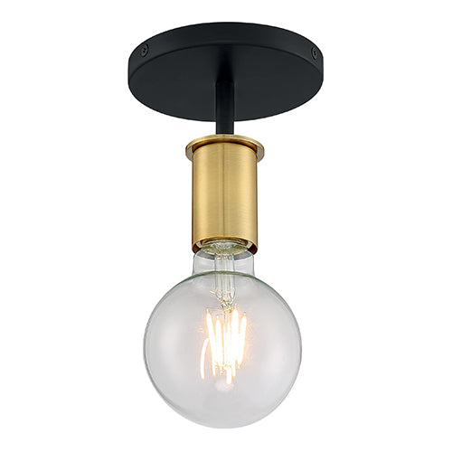 Satco 60-7343, Ryder, 1 Light, Semi-Flush Mount Light Fixture, 60W, 120V, Medium Base, Brushed Brass Sockets, Black Finish