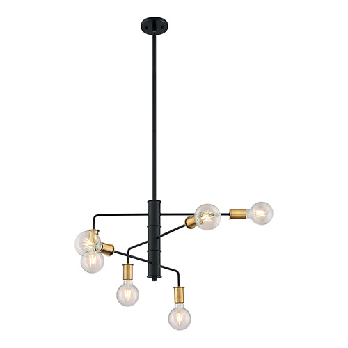 Satco 60-7344, Ryder, 6 Light, Chandelier Fixture, 60W, 120V, Medium Base, Brushed Brass Sockets, Black Finish