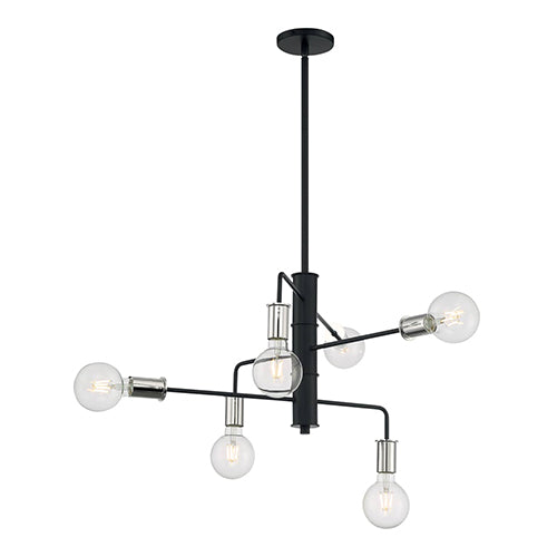 Satco 60-7354, Ryder, 6 Light, Chandelier Fixture, 60W, 120V, Medium Base, Polished Nickel Sockets, Black Finish