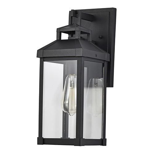 Satco 60-7371, Corning, 1 Light Medium Wall Lantern, 100W, 120V, Medium E26 Base, Clear Glass, Matte Black Finish