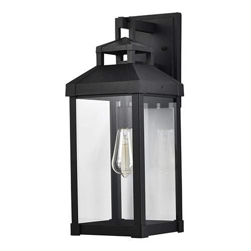 Satco 60-7372, Corning, 1 Light Large Wall Lantern, 100W, 120V, Medium E26 Base, Clear Glass, Matte Black Finish