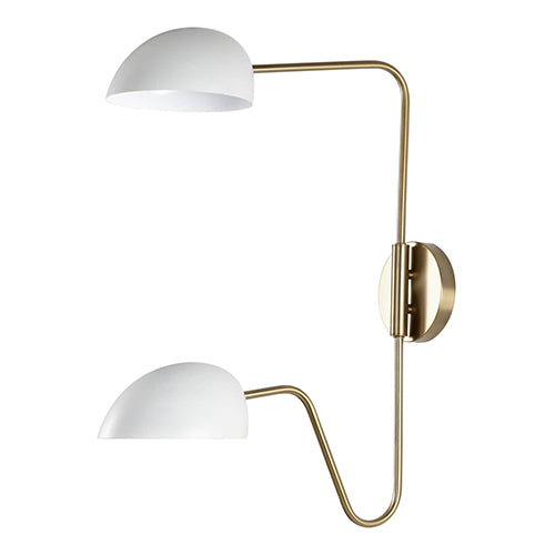 Satco 60-7394, Trilby, 2 Light Wall Sconce, 60W, 120V, Medium E26 Base, Matte White with Burnished Brass