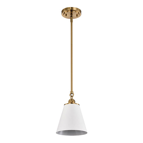 Satco 60-7409, Dover, 1 Light Small Pendant, 60W, 120V, Medium E26 Base, White with Vintage Brass