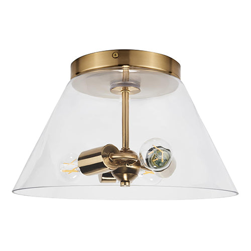 Satco 60-7419, Dover, 3 Light Small Flush Mount, 60W, 120V, Medium E26 Base, Vintage Brass with Clear Glass