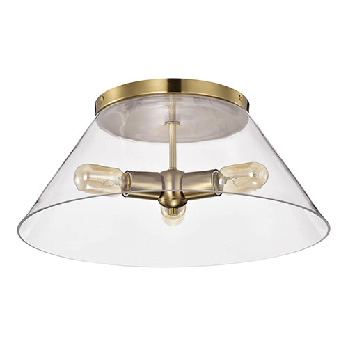 Satco 60-7422, Dover, 3 Light Large Flush Mount, 60W, 120V, Medium E26 Base, Vintage Brass with Clear Glass