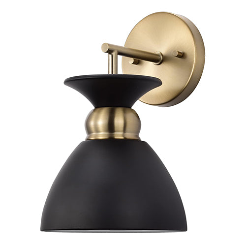 Satco 60-7458, Perkins, 1 Light Wall Sconce, 60W, 120V, Medium E26 Base, Matte Black with Burnished Brass
