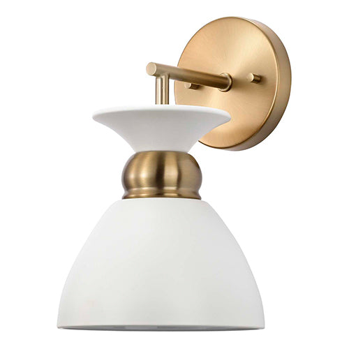 Satco 60-7459, Perkins, 1 Light Wall Sconce, 60W, 120V, Medium E26 Base, Matte White with Burnished Brass