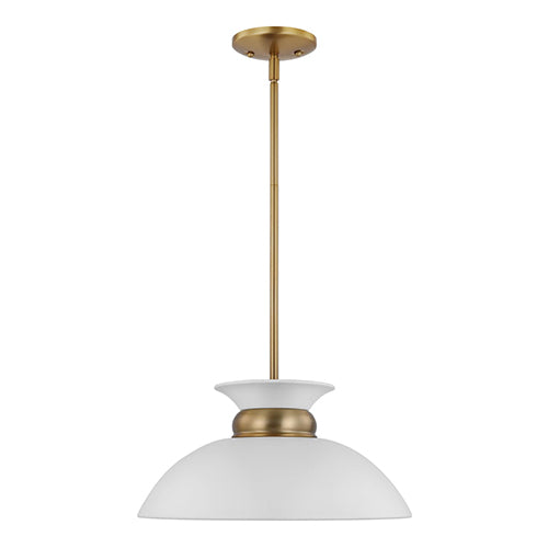 Satco 60-7463, Perkins, 1 Light Small Pendant, 100W, 120V, Medium E26 Base, Matte White with Burnished Brass
