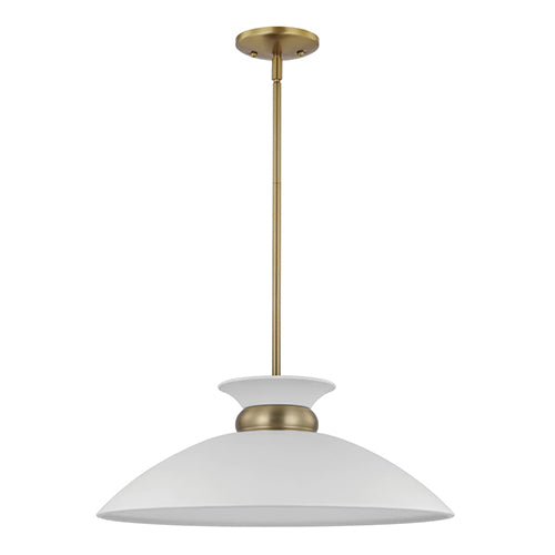 Satco 60-7464, Perkins, 1 Light Medium Pendant, 100W, 120V, Medium E26 Base, Matte White with Burnished Brass