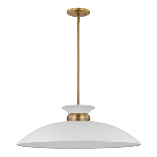Satco 60-7465, Perkins, 1 Light Large Pendant, 100W, 120V, Medium E26 Base, Matte White with Burnished Brass