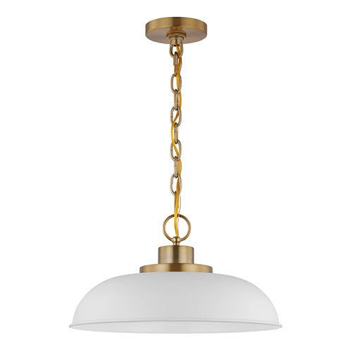 Satco 60-7480, Colony, 1 Light Small Pendant, 100W, 120V, Medium E26 Base, Matte White with Burnished Brass