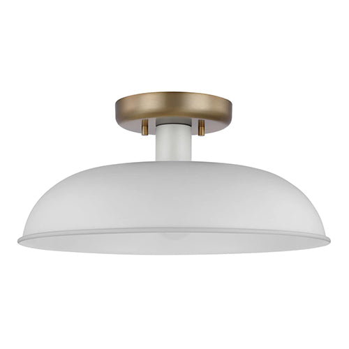 Satco 60-7490, Colony, 1 Light Small Semi-Flush Mount Fixture, 60W, 120V, Medium E26 Base, Matte White with Burnished Brass
