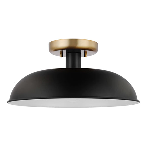 Satco 60-7491, Colony, 1 Light Small Semi-Flush Mount Fixture, 60W, 120V, Medium E26 Base, Matte Black with Burnished Brass