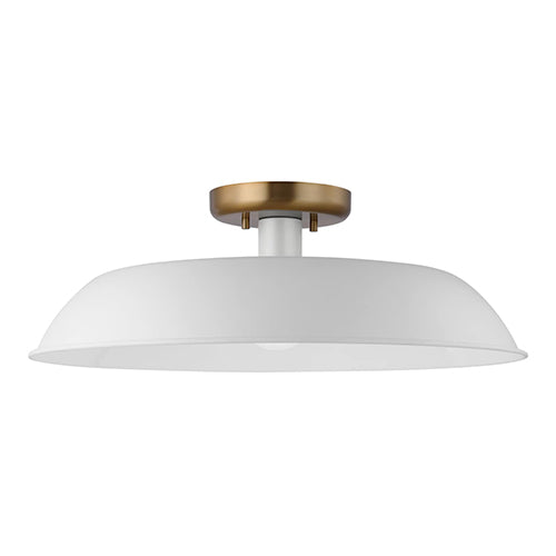 Satco 60-7493, Colony, 1 Light Medium Semi-Flush Mount Fixture, 60W, 120V, Medium E26 Base, Matte White with Burnished Brass