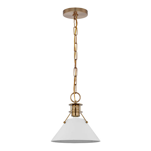 Satco 60-7522, Outpost, 1 Light Small Pendant, 60W, 120V, Medium E26 Base, Matte White with Burnished Brass