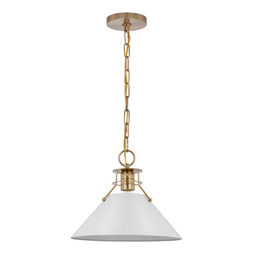Satco 60-7524, Outpost, 1 Light Medium Pendant, 60W, 120V, Medium E26 Base, Matte White with Burnished Brass