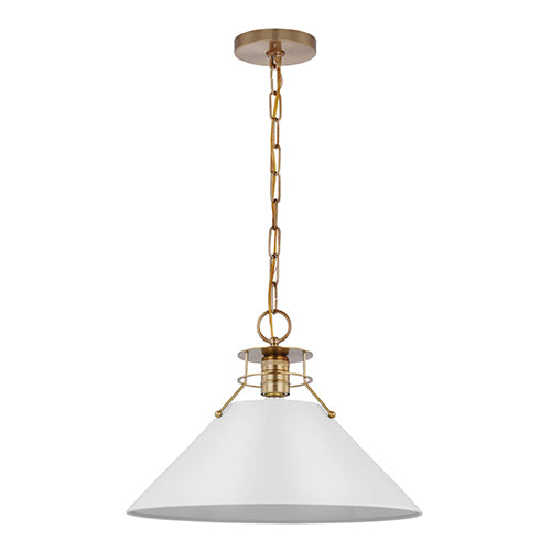 Satco 60-7526, Outpost, 1 Light Large Pendant, 60W, 120V, Medium E26 Base, Matte White with Burnished Brass