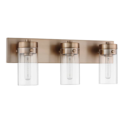 Satco 60-7533, Intersection, 3 Light Vanity, 60W, 120V, Medium E26 Base, Burnished Brass with Clear Glass
