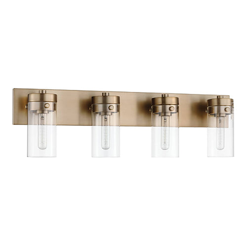 Satco 60-7534, Intersection, 4 Light Vanity, 60W, 120V, Medium E26 Base, Burnished Brass with Clear Glass