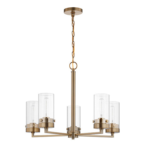 Satco 60-7535, Intersection, 5 Light Chandelier, 60W, 120V, Medium E26 Base, Burnished Brass with Clear Glass