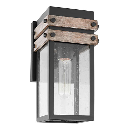 Satco 60-7540, Homestead, 1 Light Small Wall Lantern, 60W, 120V, Medium E26 Base, Matte Black & Wood Finish with Clear Seeded Glass
