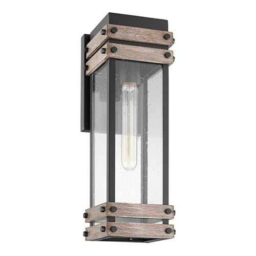 Satco 60-7541, Homestead, 1 Light Medium Wall Lantern, 60W, 120V, Medium E26 Base, Matte Black & Wood Finish with Clear Seeded Glass