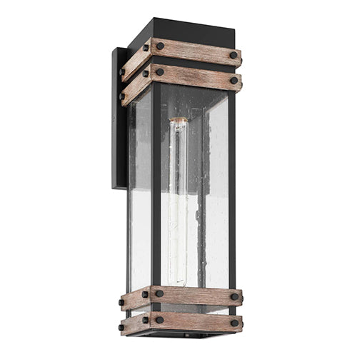Satco 60-7542, Homestead, 1 Light Large Wall Lantern, 60W, 120V, Medium E26 Base, Matte Black & Wood Finish with Clear Seeded Glass