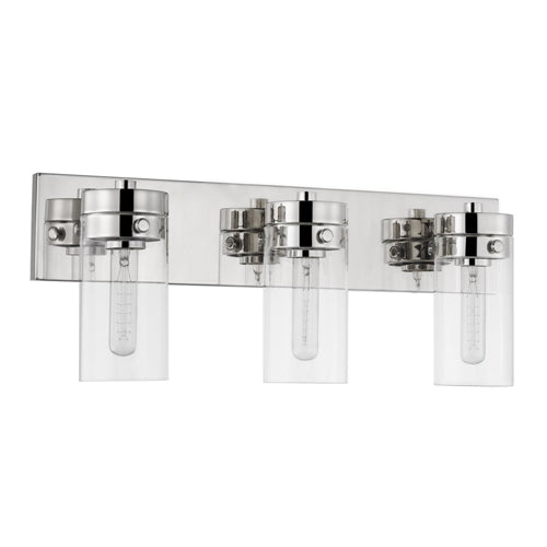 Satco 60-7633, Intersection, 3 Light Vanity, 120V, 60W, Medium Base, Polished Nickel with Clear Glass