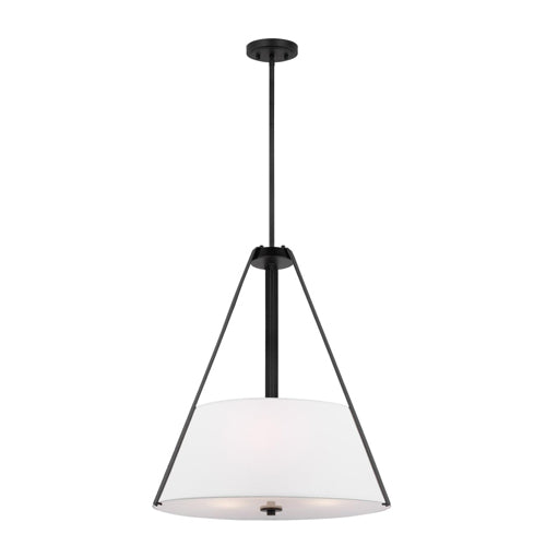 Satco 60-7696, Brewster, 3-Light Pendant, 120V, 60W, Medium Base, Black Finish, Faux Leather Wrapped Straps, White Textile Shade