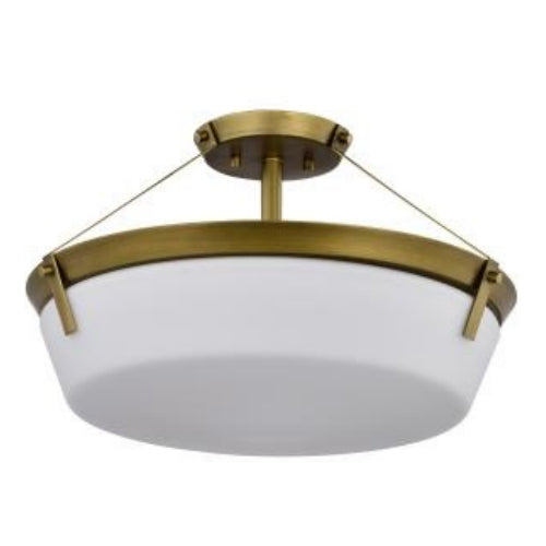Satco 60-7752, Rowen 4-Light Semi Flush Mount Light Fixture, 120V, 60W, Natural Brass Finish, Etched White Glass
