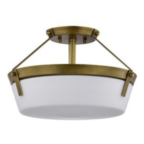 Satco 60-7753, Rowen 3-Light Semi Flush Mount Light Fixture, 120V, 60W, Natural Brass Finish, Etched White Glass